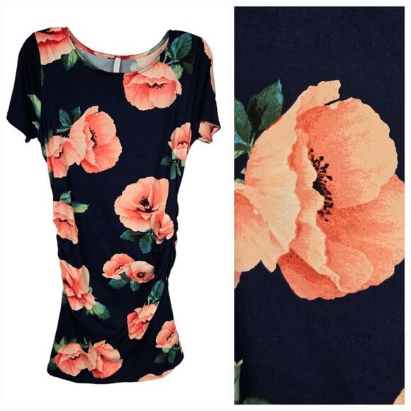 PINKBLUSH Maternity Poppy Floral Fitted Bodycon Midi Dress Jersey Knit Stretchy - Picture 1 of 10